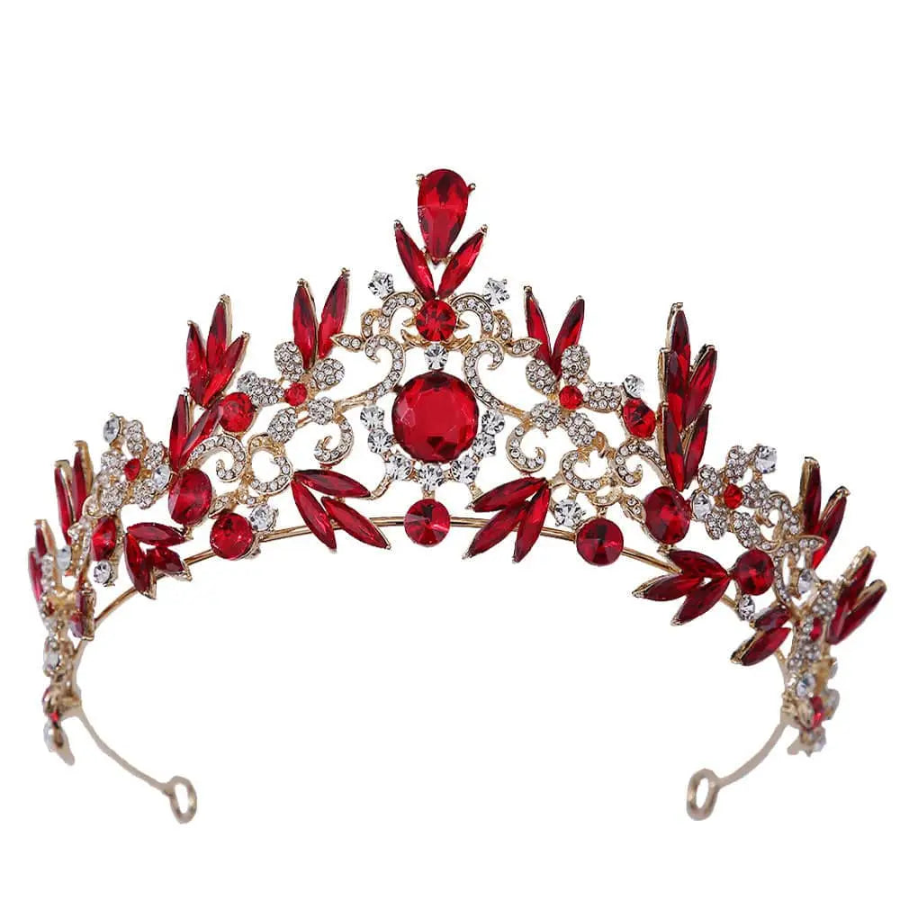 Royal blue gold rhinestone mitzvah crown with sparkling red and gold tiara, leaf-shaped crystals, and a central ruby gemstone