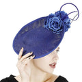 A vibrant royal blue headdress bride beige hat with imitation linen, featuring a fabric rose and wire loops