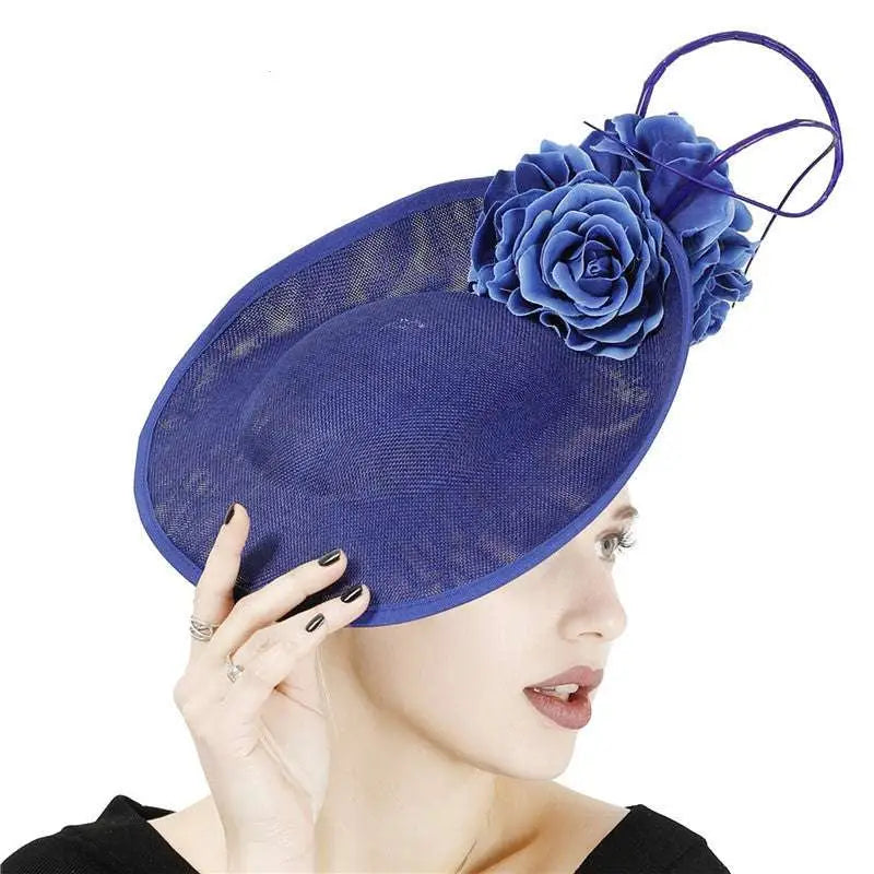 A vibrant royal blue headdress bride beige hat with imitation linen, featuring a fabric rose and wire loops