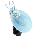 Light blue royal blue headdress bride beige imitation linen fascinator hat with fabric rose and ribbon band