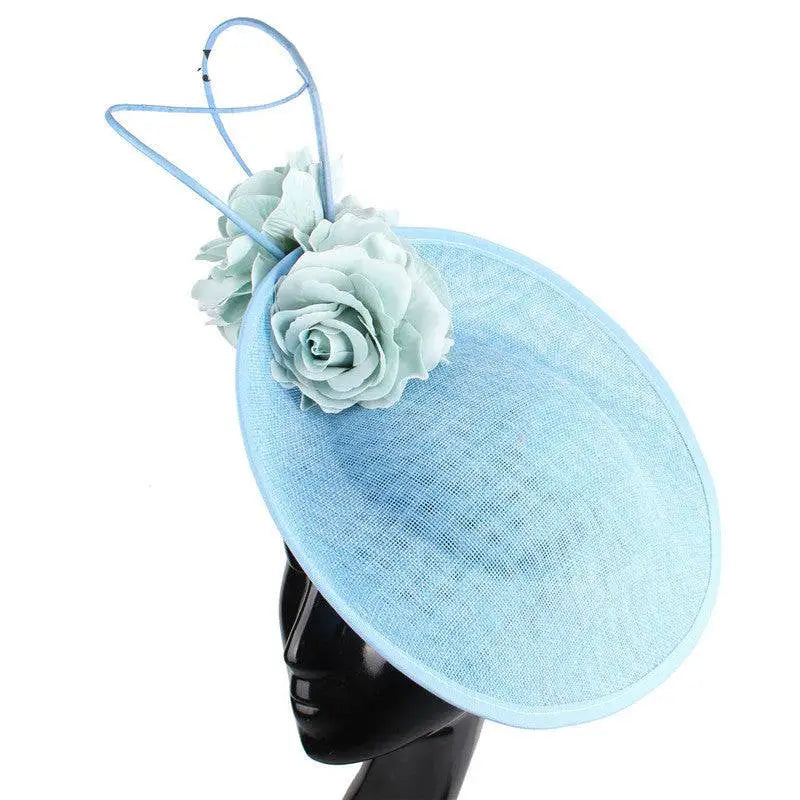 Light blue royal blue headdress bride beige imitation linen fascinator hat with fabric rose and ribbon band