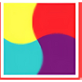 A vibrant abstract logo with overlapping yellow red teal and purple circles inside a white-bordered square for royal blue headdress bride beige hat imitation linen