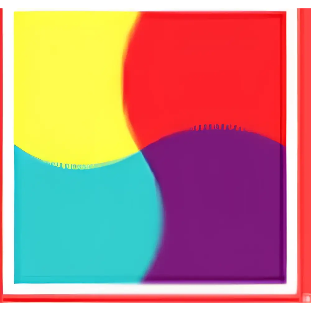 A vibrant abstract logo with overlapping yellow red teal and purple circles inside a white-bordered square for royal blue headdress bride beige hat imitation linen