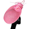 A pink fascinator hat with artificial roses and mesh texture in imitation linen for headdress bride beige styles