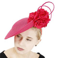Fuchsia fascinator with large red floral embellishment and wire loops in royal blue headdress bride beige imitation linen