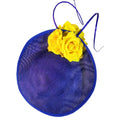 A royal blue headdress bride beige hat made of imitation linen with yellow roses and purple ribbon ties