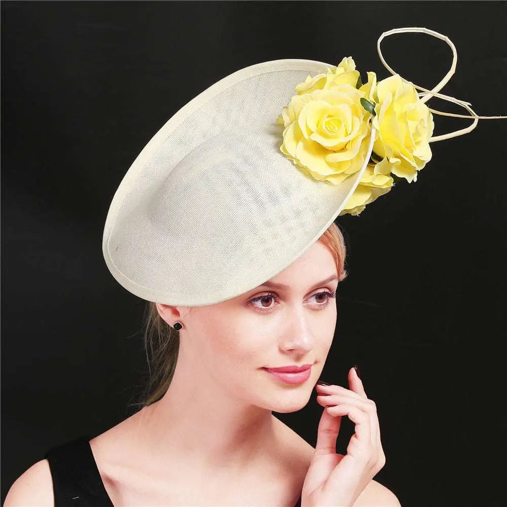 A vibrant royal blue headdress bride beige hat with imitation linen, featuring a fabric rose and wire loops