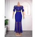 Royal blue heavy embroidered hot diamond beads gown with mermaid style, sheer beaded sleeves, and gold belt