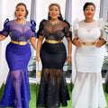 Three elegant mermaid-style embroidered hot diamond gowns in royal blue, black, and white with puffed sleeves and gold belts