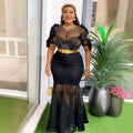 Black mermaid dress with sheer beaded bodice and gold belt complementing royal blue heavy embroidered hot diamond gown
