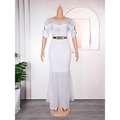 Royal blue heavy embroidered hot diamond beads gown with white lace mesh, flutter sleeves, fitted bodice, and gold belt