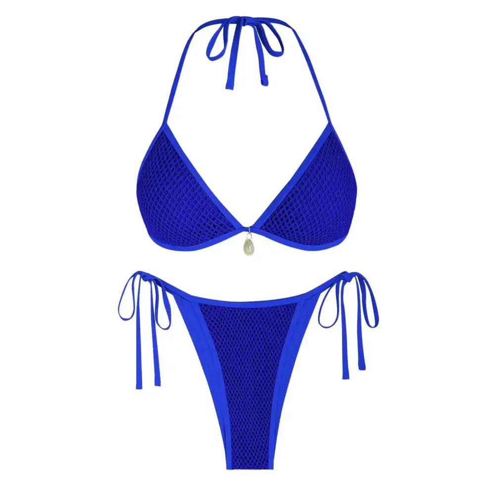 Royal blue mesh halter bikini with adjustable tie high cut bottom and pendant detail on the top center