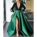 Emerald green satin evening dress with a sparkling black sequined bodice and long sleeves, styled for royal blue sequin looks