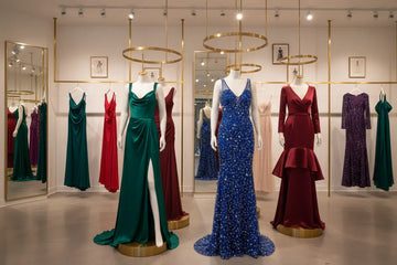 A shimmering royal blue sequined evening gown with a fitted silhouette and a flowing train.