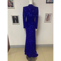A royal blue siren long sleeve gown with a high neckline featuring siren ji sequin high slit design on a mannequin
