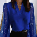 Royal blue sparkling satin blouse with sheer star-patterned sparkling diamond mesh splicing sleeves