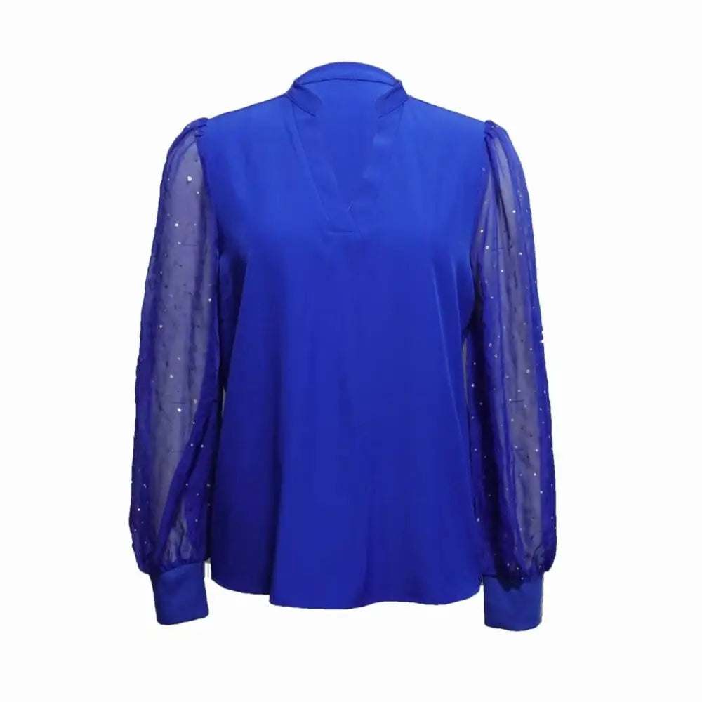 Royal blue sparkling blouse with sheer long sleeves featuring sparkling diamond mesh splicing and v-neckline