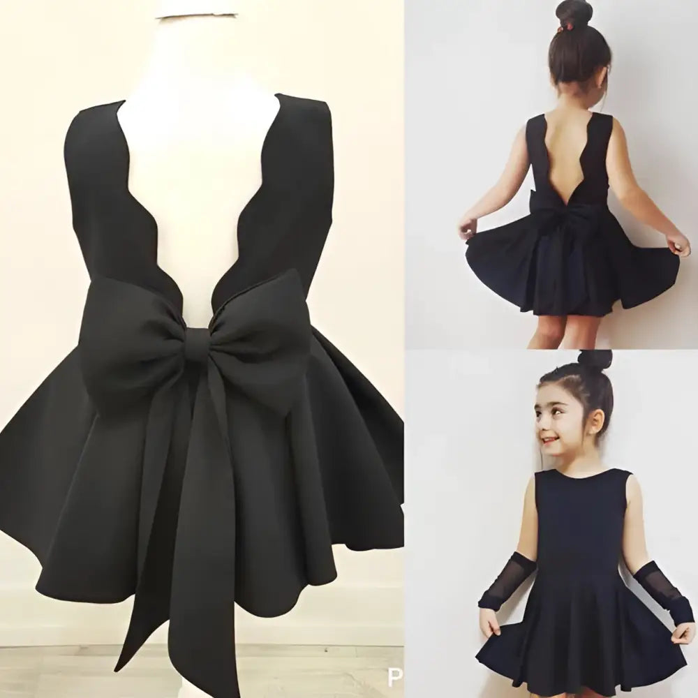 Black sleeveless princess dress with scalloped neckline and large bow at the back for royal blue summer girls wear