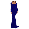 Royal blue velvet prom dress with long sleeves square neckline and mermaid silhouette ideal for formal events