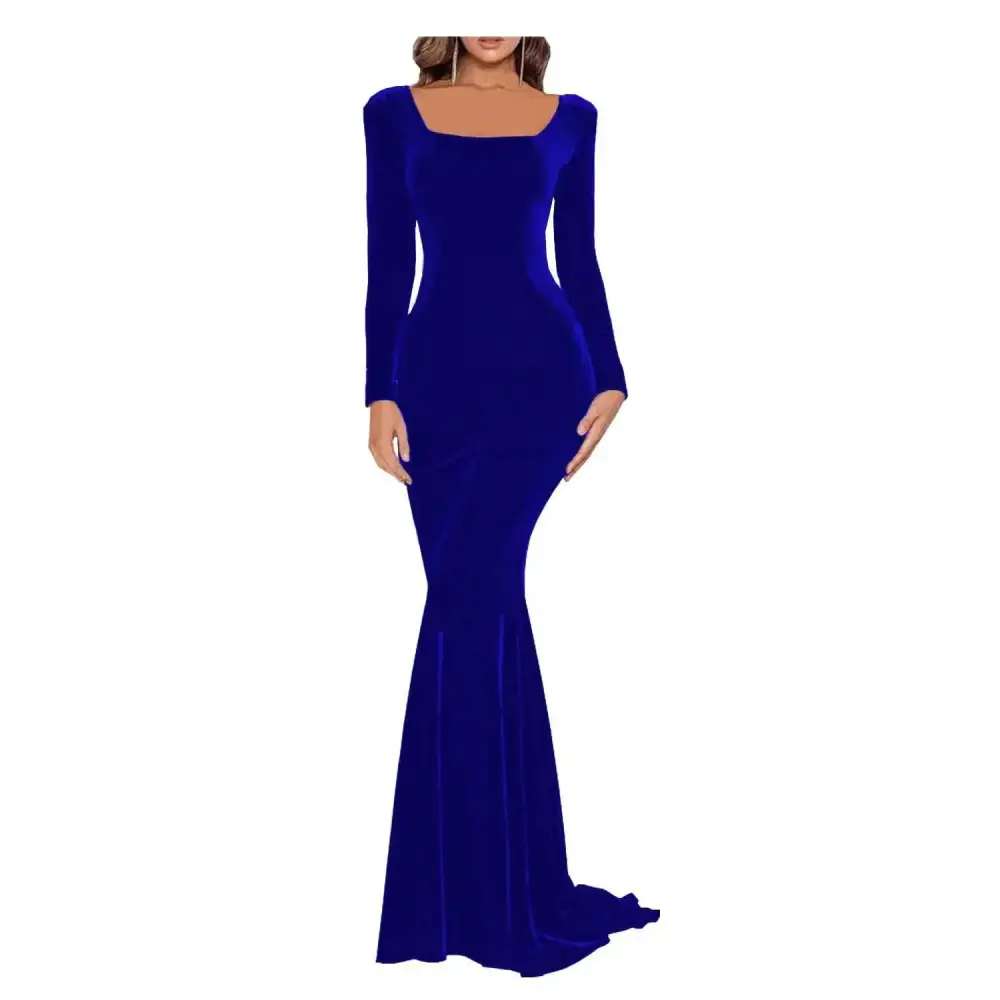 Royal blue velvet prom dress with long sleeves square neckline and mermaid silhouette ideal for formal events