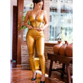 Royal golden leather shiny gold metallic corset top with black zipper accents and matching high-waisted leggings