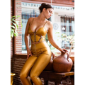 Gold metallic faux leather corset top with black zipper accents and matching high-waisted pants royal golden leather set