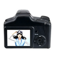 Back view of royale essence lux black digital camera with textured grip and lcd screen showing aviator woman illustration