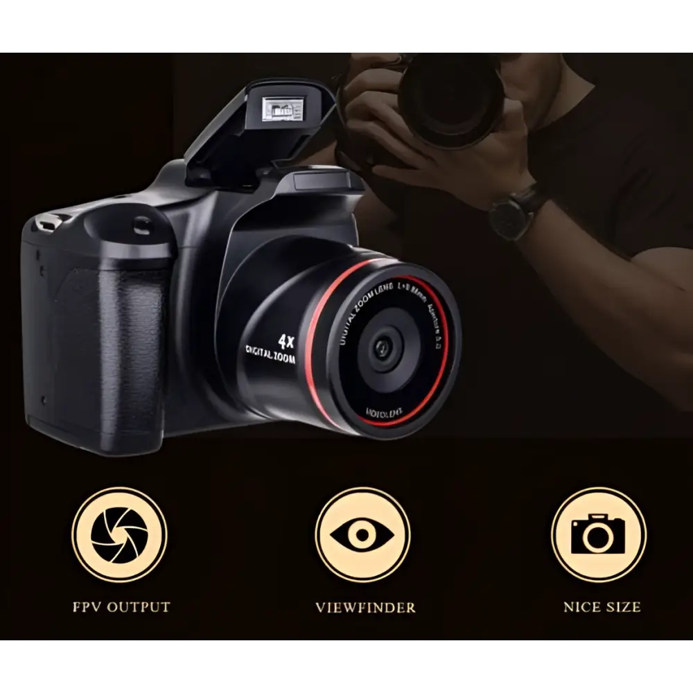 Black digital camera royale essence lux with red-accented textured grip and advanced zoom factor 4x lens
