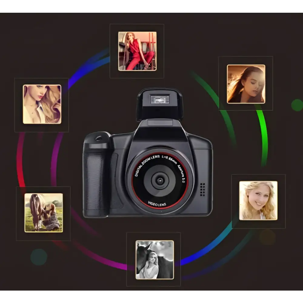 Black digital camera royale essence lux with red-accented lens featuring advanced zoom factor by nicolol branding