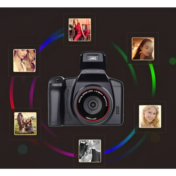 Black digital camera royale essence lux with red-accented lens featuring advanced zoom factor by nicolol branding