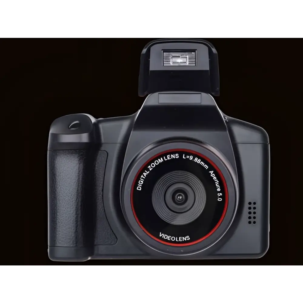 Black digital camera royale essence lux featuring advanced zoom factor and red accent ring around the lens