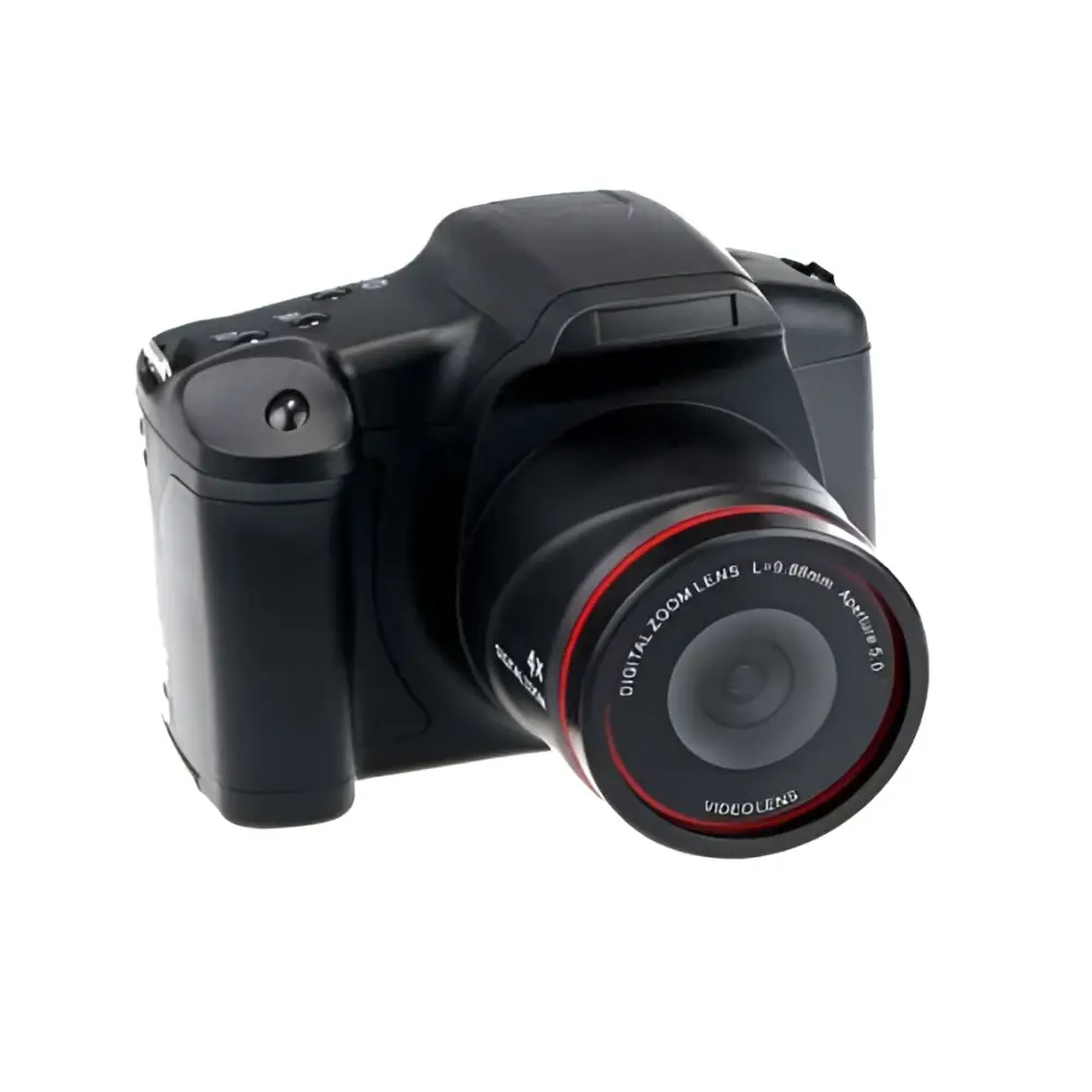 Black digital camera royale essence lux with advanced zoom factor and red-accented videolens ring