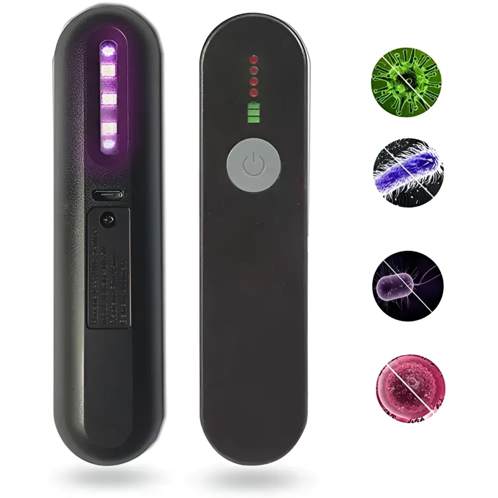 Black handheld uv disinfection device with purple led lights and power button royale essence lux lux uv sanitizer
