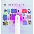 White handheld uv disinfection device with circular power button and five indicator lights from royale essence lux uv sanitizer