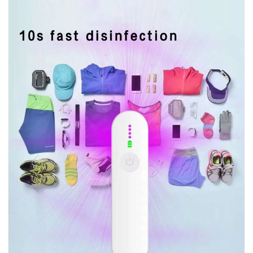 White handheld uv disinfection device with circular power button and five indicator lights from royale essence lux uv sanitizer