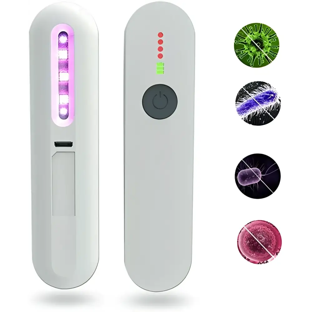 Royale essence lux handheld uv disinfection stick in white with purple led strip and power button for sanitizing