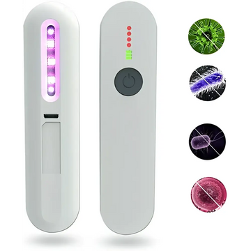 Royale essence lux handheld uv disinfection stick in white with purple led strip and power button for sanitizing