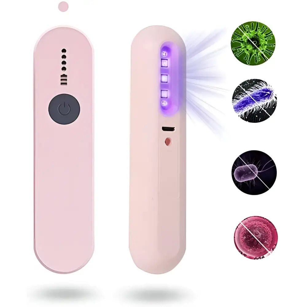 Royale essence lux pink handheld uv disinfection stick with power button and five purple led lights for sanitizing