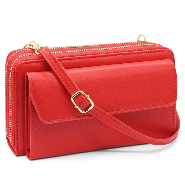 Movefad Women Leather Wallet Crossbody Bag Shoulder Bag Double Zipper Mobile Phone Purse Bag with Shoulder Strap - Royalessencelux