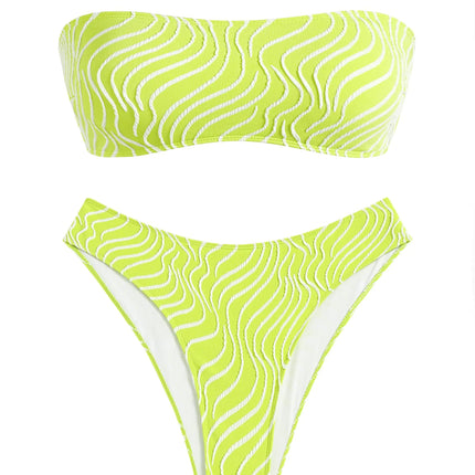 ZAFUL Women Strapless Ribbed High Cut Bandeau Bikini Set (11-Fl Green TexturedL) - Royalessencelux