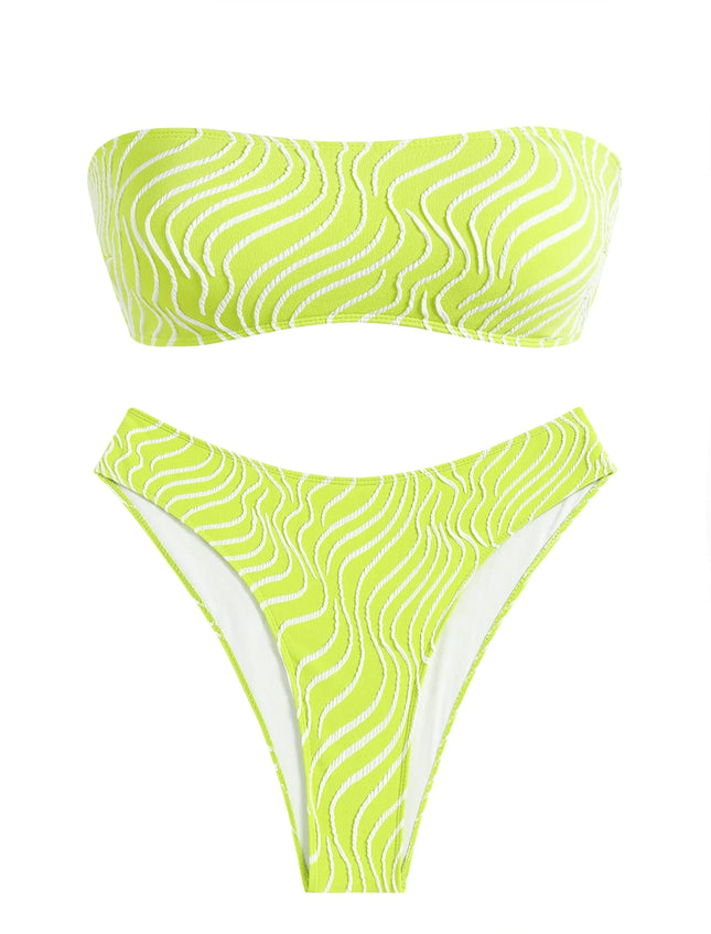ZAFUL Women Strapless Ribbed High Cut Bandeau Bikini Set (11-Fl Green TexturedL) - Royalessencelux