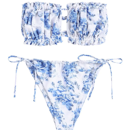ZAFUL Women 2 Piece Strapless Bikini Swimsuits Ruffle Ribbed Bandeau Bikini Set High Cut Bathing Suits (2-Blue Floral M) - Royalessencelux