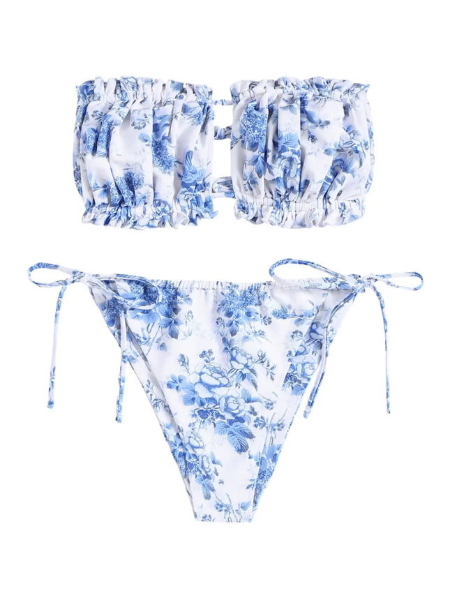 ZAFUL Women 2 Piece Strapless Bikini Swimsuits Ruffle Ribbed Bandeau Bikini Set High Cut Bathing Suits (2-Blue Floral M) - Royalessencelux