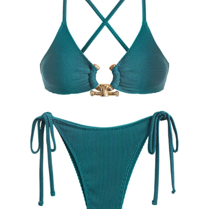 ZAFUL Womens Cutout Bikini Criss Cross Textured Metal High Leg Bikini Sets Cheeky Bikini Two Piece Swimsuit - Royalessencelux