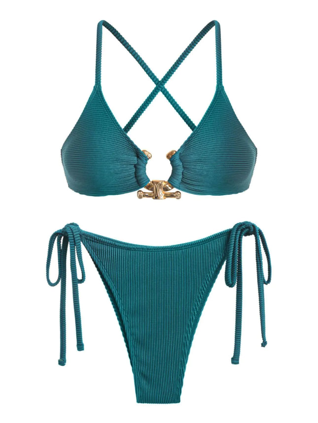 ZAFUL Womens Cutout Bikini Criss Cross Textured Metal High Leg Bikini Sets Cheeky Bikini Two Piece Swimsuit - Royalessencelux