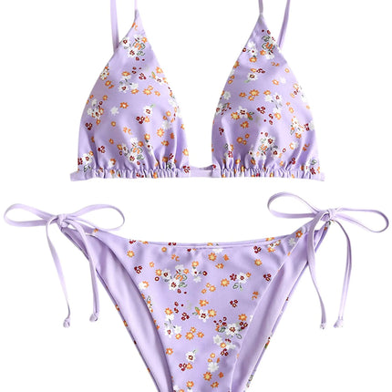 ZAFUL Womens Triangle Bikini Floral String Bikini Set Two Piece Swimsuit Bathing Suits (2-Light Purple M) - Royalessencelux