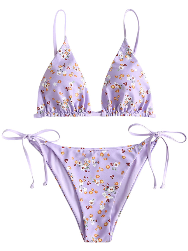 ZAFUL Womens Triangle Bikini Floral String Bikini Set Two Piece Swimsuit Bathing Suits (2-Light Purple M) - Royalessencelux