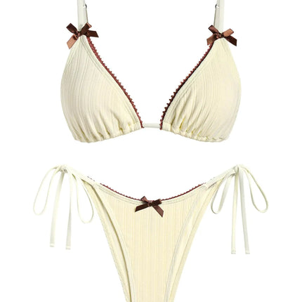 seamoly Ribbed Bow Decor Triangle String Tie Side Bikini Set Beige S - Royalessencelux