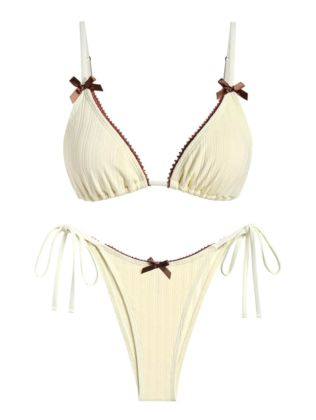 seamoly Ribbed Bow Decor Triangle String Tie Side Bikini Set Beige S - Royalessencelux