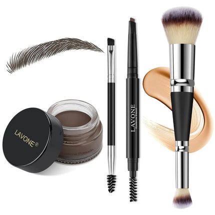 LAVONE Eyebrow Pencil Makeup Kit for Eyebrow Makeup Make up Brow Kit with Waterproof Eyebrow Pencil Eyebrow Pomade Foundation & Concealer Brush and Dual-ended Eyebrow Brush - Black Brown - Royalessencelux